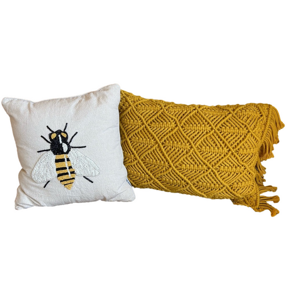 Primrose Vintage BUMBLE BEE Beaded Throw Pillow and Mustard Yellow Macrame Set - Picture 1 of 5